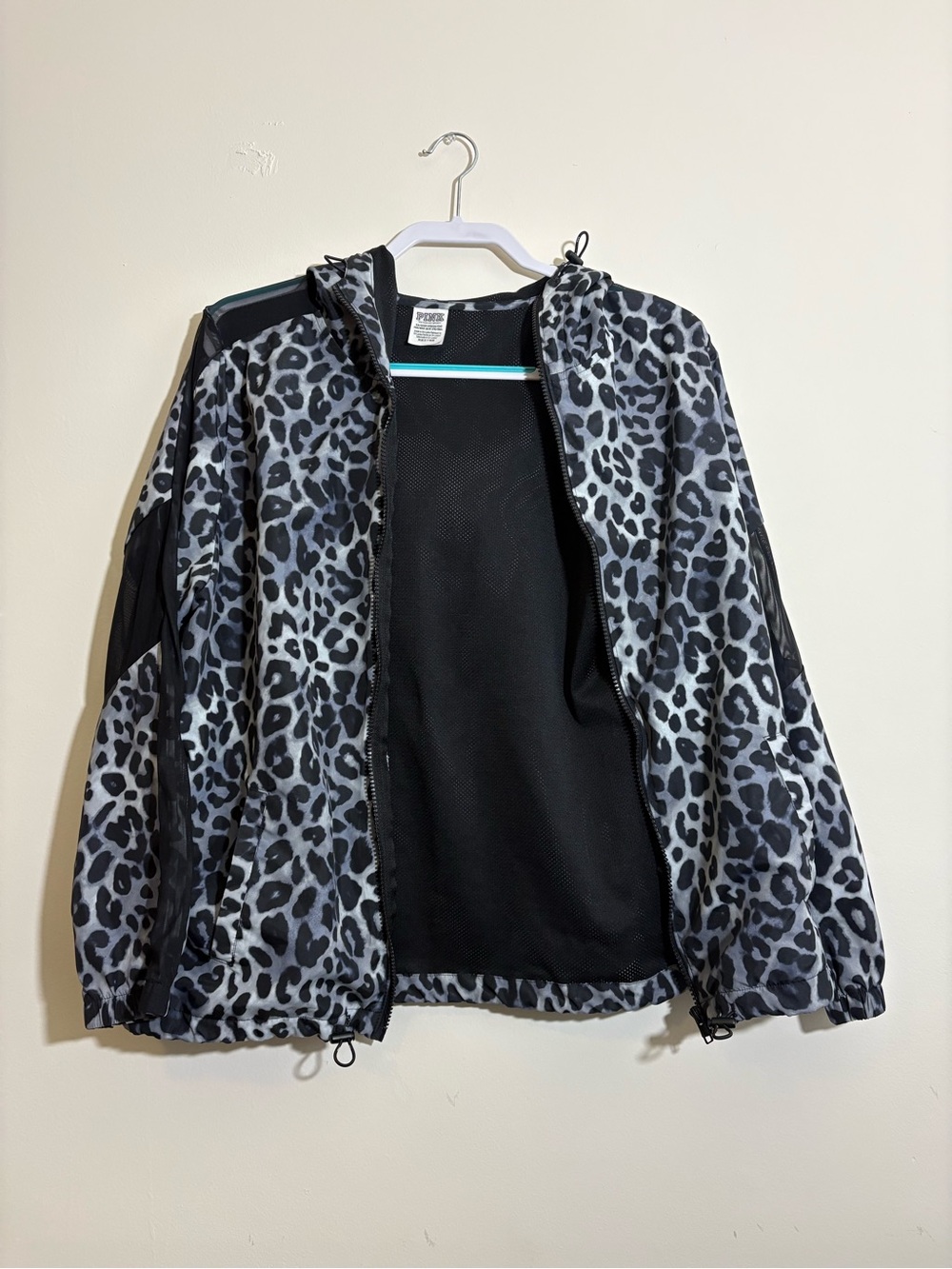 PINK Victoria's Secret Grey Leopard-Print Hooded Mesh Jacket
